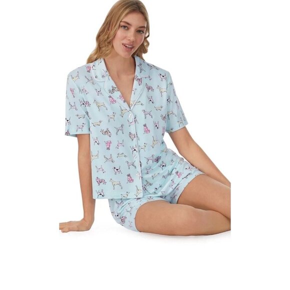 Beauty Sleep Social Dog Print Short Sleeve Notch Collar Pajama Shirt and Pajama - Picture 1 of 11